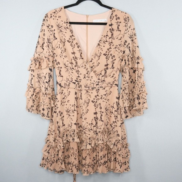 Saints + Secrets Mini Dress Womens XS Mocha Floral Print Nude Ruffles - Picture 1 of 6